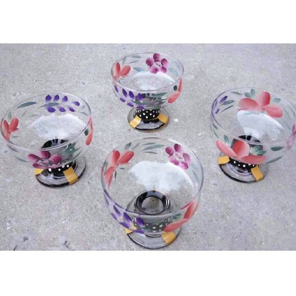 Whimsical Set of 4 Hand Painted Flowers Glass Dessert, Compote, Ice Cream Bowls - Picture 7 of 10